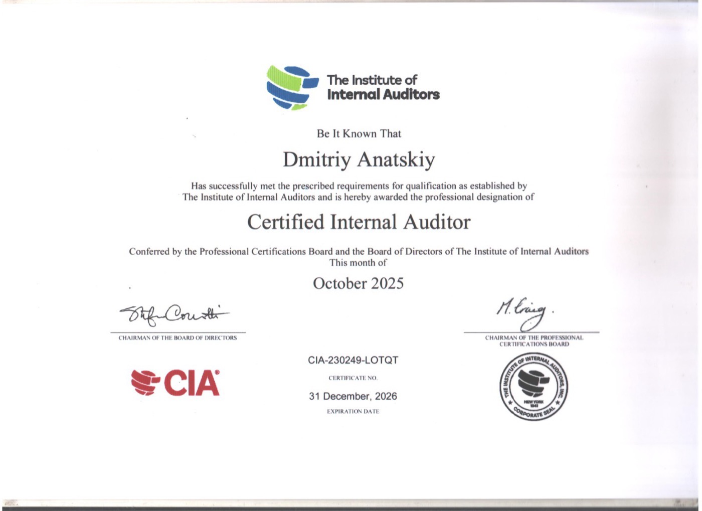 Certified Internal Auditor (CIA) — Анацкий Дмитрий